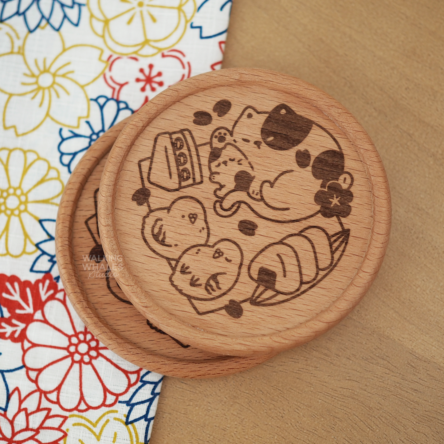 Picnic with Cat & Pigeon Wooden Coaster