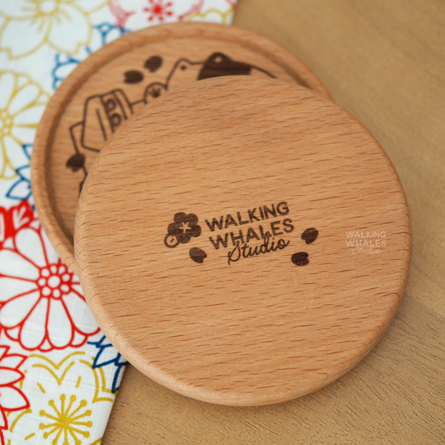 Picnic with Cat & Pigeon Wooden Coaster